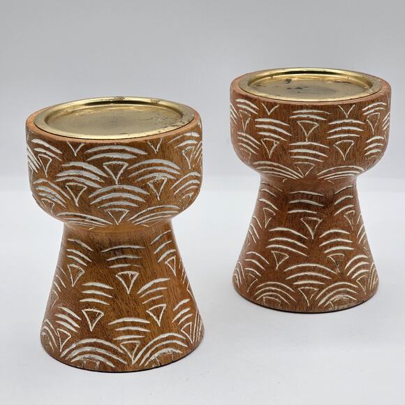 Vintage Opalhouse Bohemian Wood Pillar Candle Holders - Boho Home Decor Accents - Picture 1 of 8